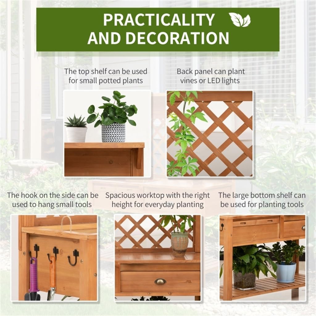 Garden Potting Bench, Outdoor Wooden Workstation Table W/Metal Screen, Drawer, Hooks, Storage Shelf, and Lattice Back