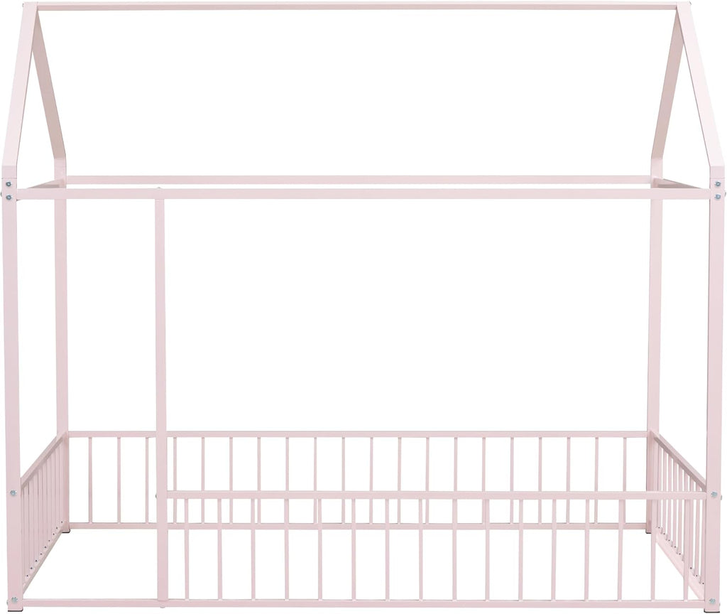 Bellemave Twin Size House Floor Montessori Bedframe with Rails and roof, Metal House Bed for Kids, Montessori Floor Beds for Kids,Pink