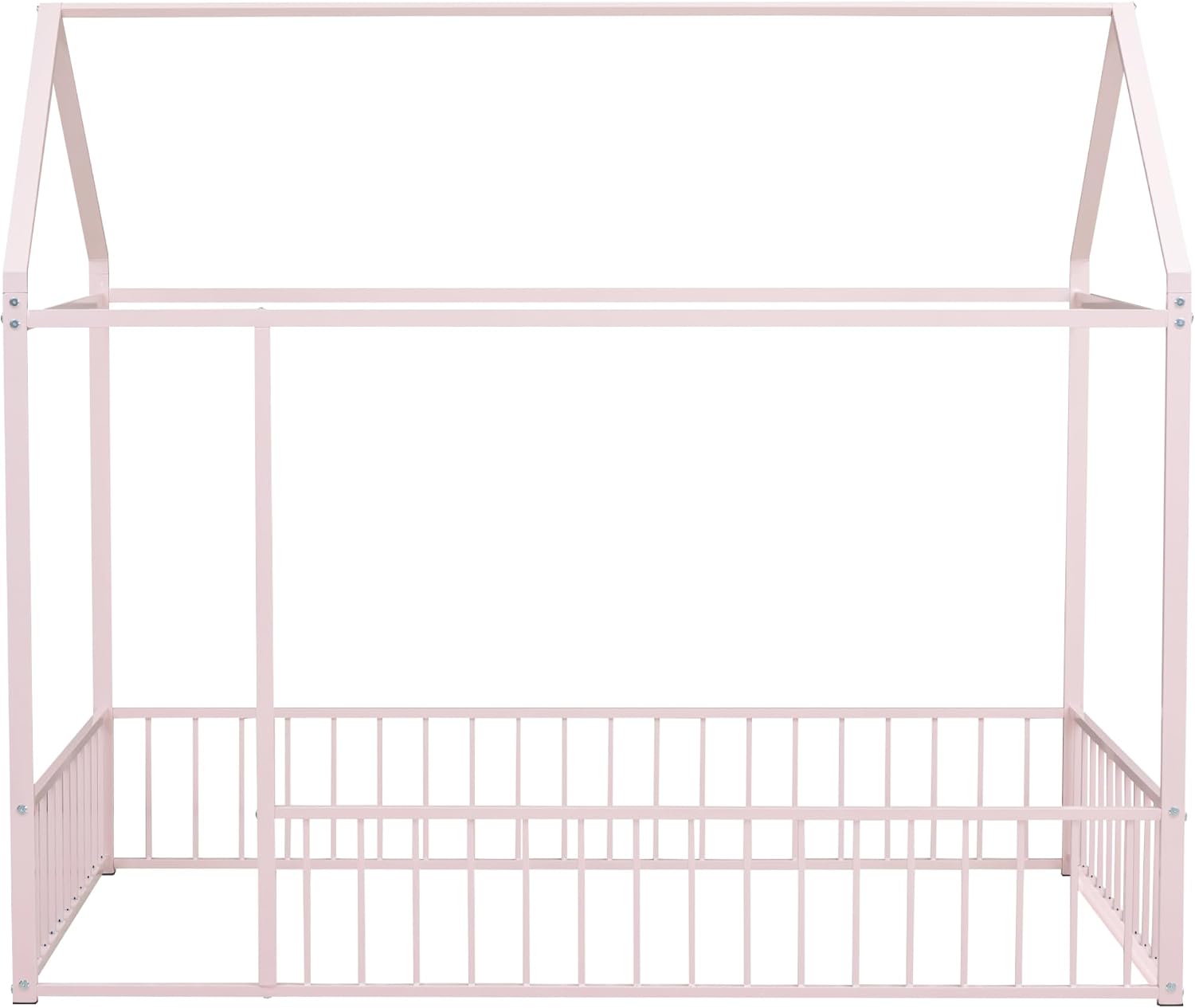 Bellemave Twin Size House Floor Montessori Bedframe with Rails and roof, Metal House Bed for Kids, Montessori Floor Beds for Kids,Pink