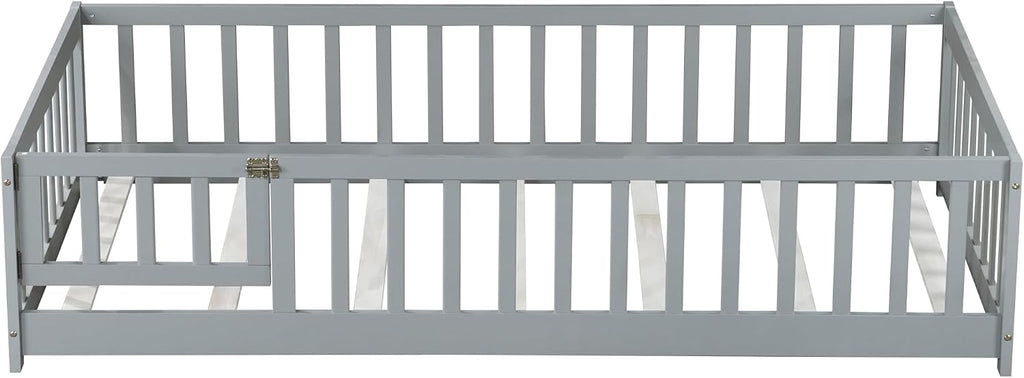 Bellemave Twin Size Floor Bed with Door and Fence for Kids, Montessori Floor Bed with Slats and Safety Guardrails,Solid Wood Twin Bed Frame for Girls Boys(Twin,Gray)