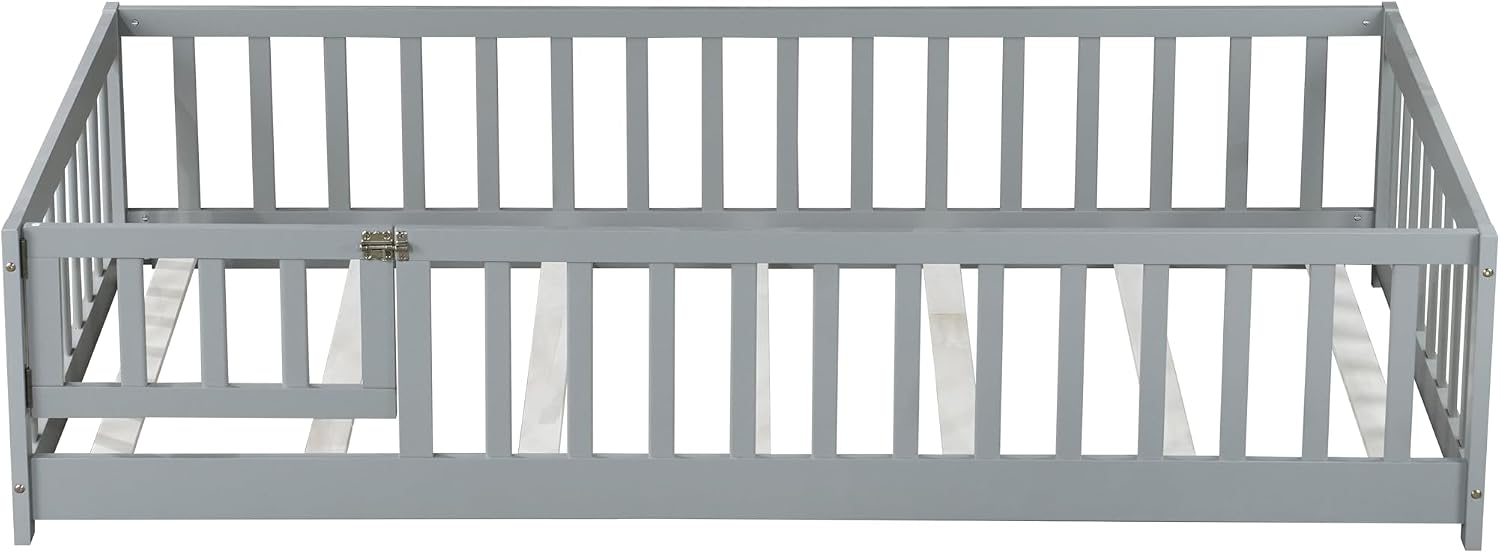 Bellemave Twin Size Floor Bed with Door and Fence for Kids, Montessori Floor Bed with Slats and Safety Guardrails,Solid Wood Twin Bed Frame for Girls Boys(Twin,Gray)