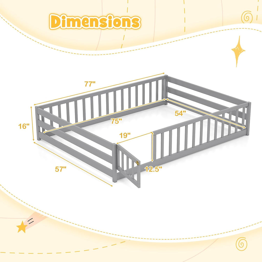 KOMFOTT Full Size Wood Floor Bed with Door & Fence, Montessori Bed Frame with Full Length Safety Guardrails, Door & Latch, Wooden Montessori Floor Bed for Kids, Girls, Boys (Full,Grey)