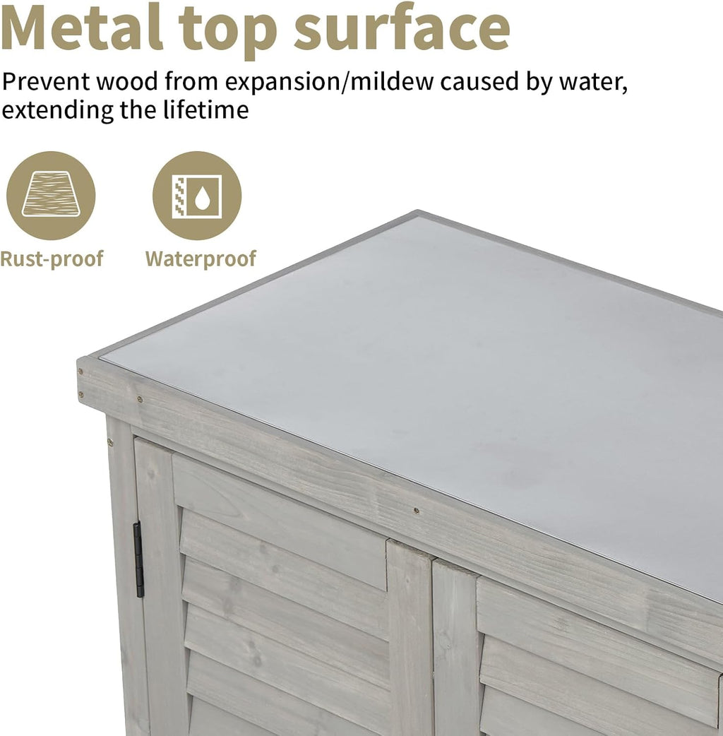 Outdoor Tool Storage Cabinet, Potting Bench with Storage Cabinet, Small Weather-Resistant Potting Table with Metal Table Top for Garden Backyard Patio, Gray