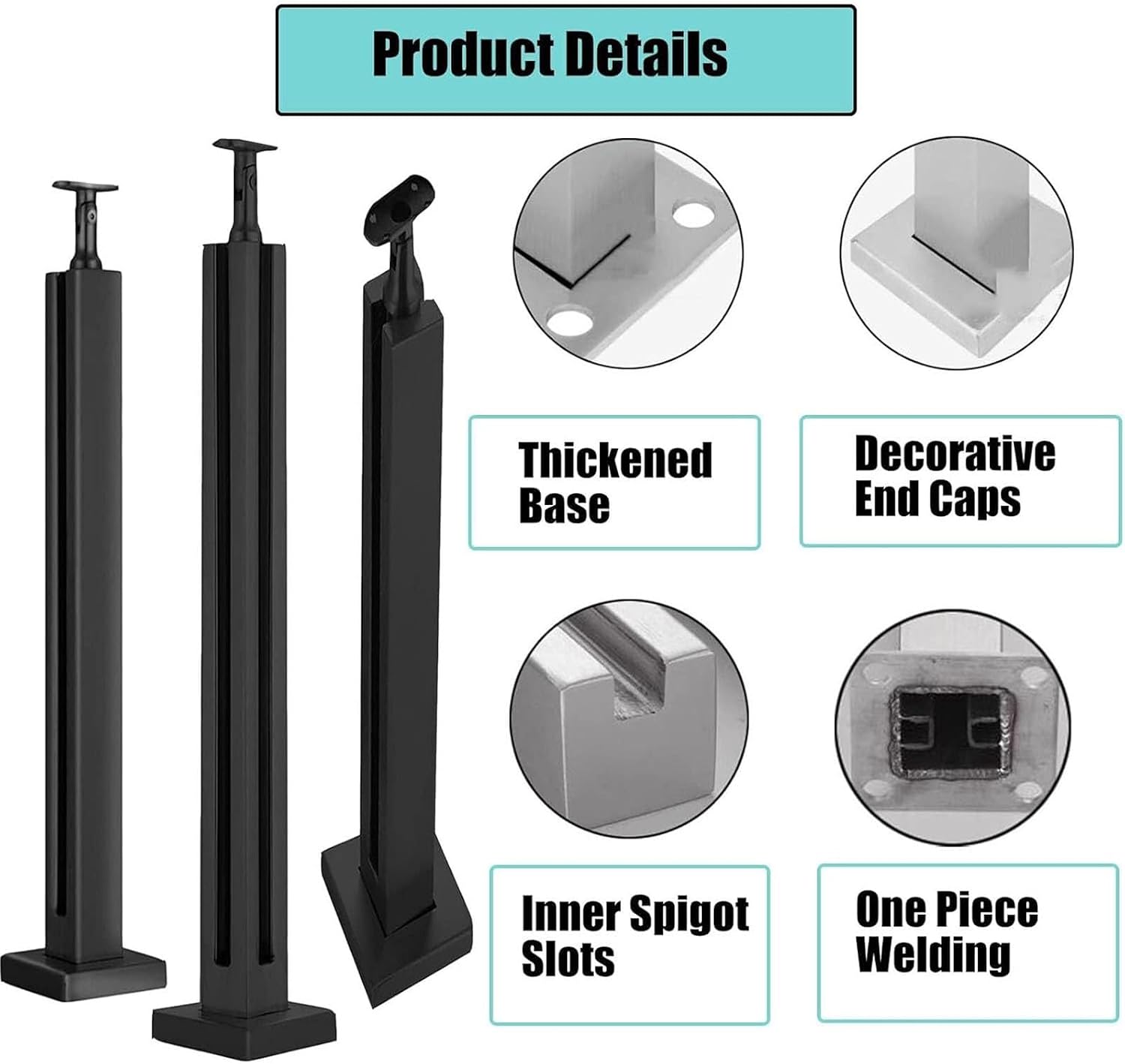 Black Glass Railing Post, 304 Stainless Steel Black Finish, For Stairs And Deck Handrails，Can Be Installed on Wood or Concrete Floor, For 3/8' Or 1/2' Thick Glass(Corner Post,Height-85cm/33.5in)