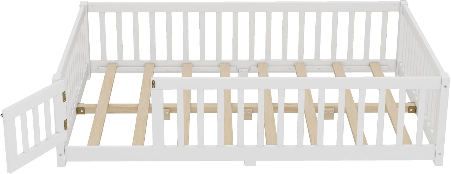 Full Size Floor Bed with Door and Fence for Kids, Montessori Floor Bed with Slats and Safety Guardrails,Solid Wood Full Bed Frame for Girls Boys(Full,White)