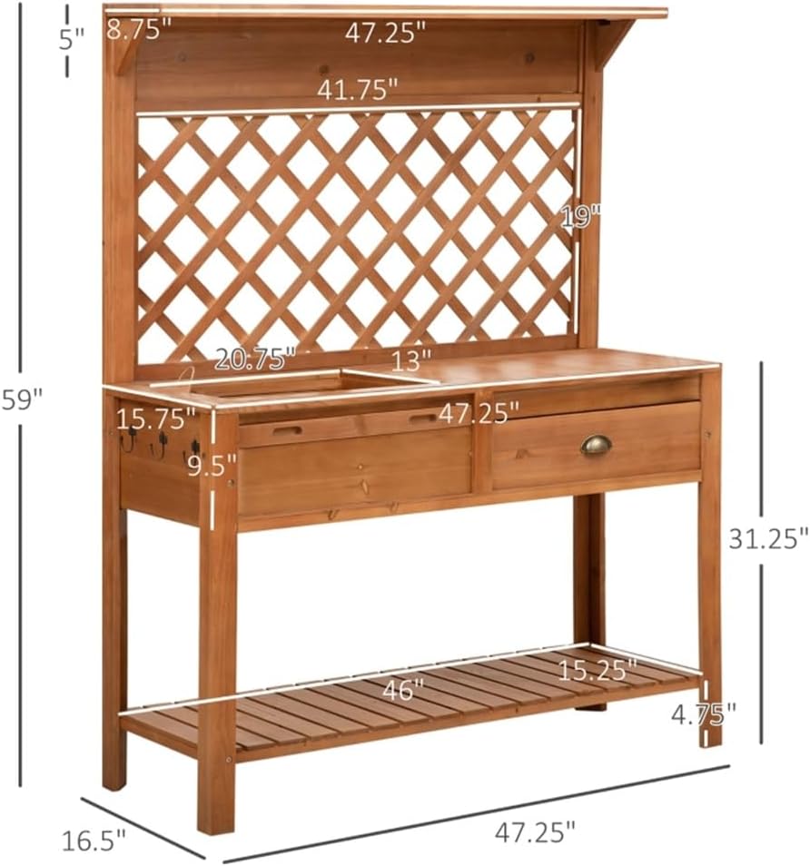 Garden Potting Bench, Outdoor Wooden Workstation Table W/Metal Screen, Drawer, Hooks, Storage Shelf, and Lattice Back