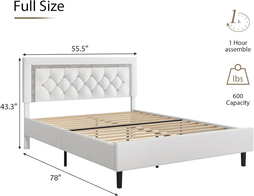 BarnFurin Full Size Bed Frame with Tufted Button Headboard, Upholstered Platform Bed Frame with Diamond Design, Wood Slat Support, No Box Spring Needed, Easy Assembly, White