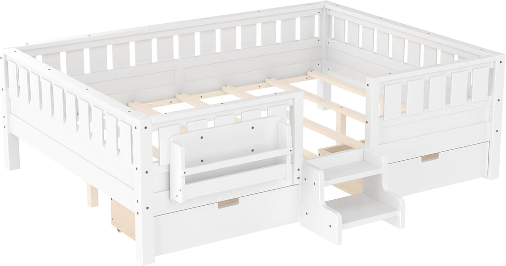 Bellemave Queen Size Bed with Slats and Stairs, Queen Size Platform Bed Frame with Fence, Bookshelf and Storage Drawers, Easy Assemble Beds for Girls, Boys, White