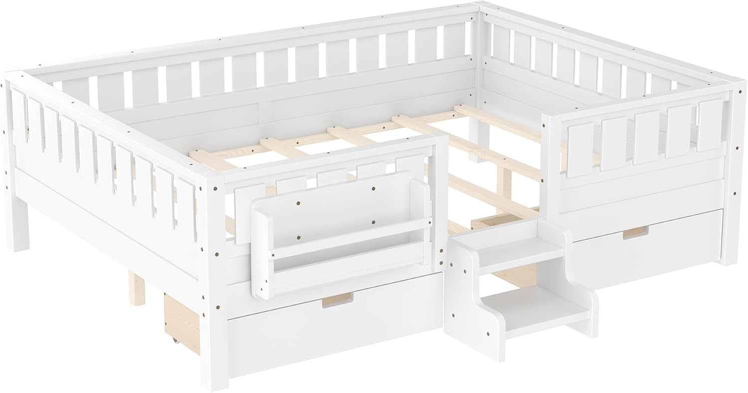 Bellemave Queen Size Bed with Slats and Stairs, Queen Size Platform Bed Frame with Fence, Bookshelf and Storage Drawers, Easy Assemble Beds for Girls, Boys, White