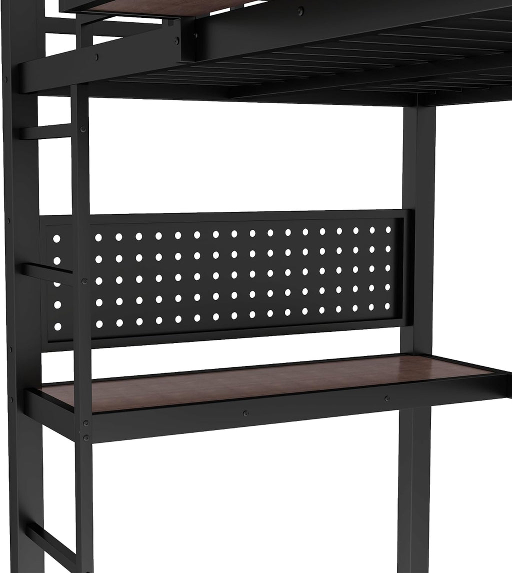 Bellemave Twin XL Size Metal Loft Bed with Desk and Side Clock,Heavy Duty Loft Bed Frame with Charging Station and Pegboard for Kids,Teens,Adults,Twin XL Size,Black