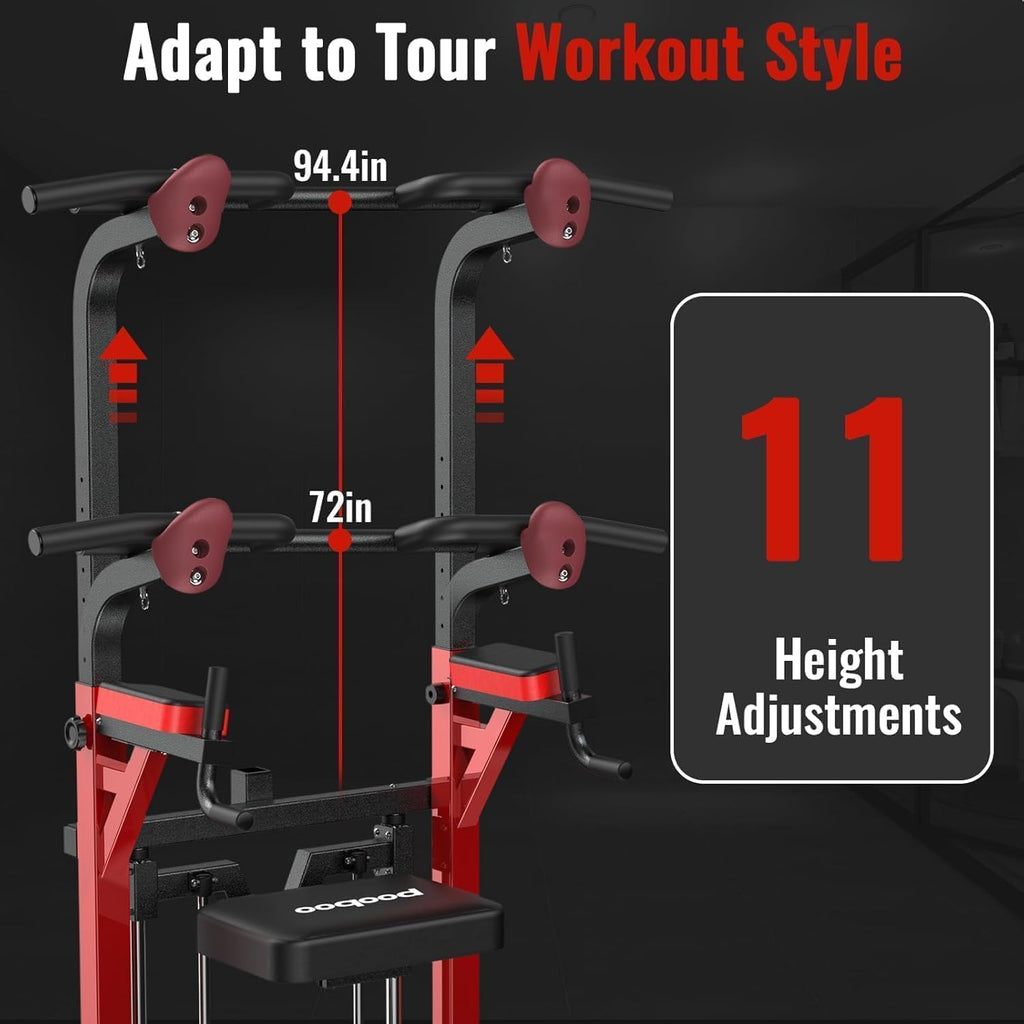 Pooboo Power Tower Dip Station Pull Up Bar for Fitness Home Gym Workout,450 Pounds Multi-Function Adjustable Height Fitness Strength Training Exercise Equipment,with Power Elastic Ropes