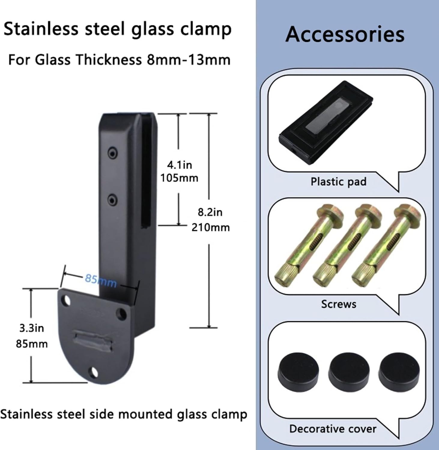 Generic 4pack Glass Clamp Glass Standoff, Heavy Duty Black Side Mount Stainless Steel Glass Clamp Pool Fence Balustrade Railing Post Clamps, For Glass Thickness 8mm-13mm