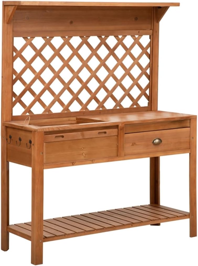 Garden Potting Bench, Outdoor Wooden Workstation Table W/Metal Screen, Drawer, Hooks, Storage Shelf, and Lattice Back