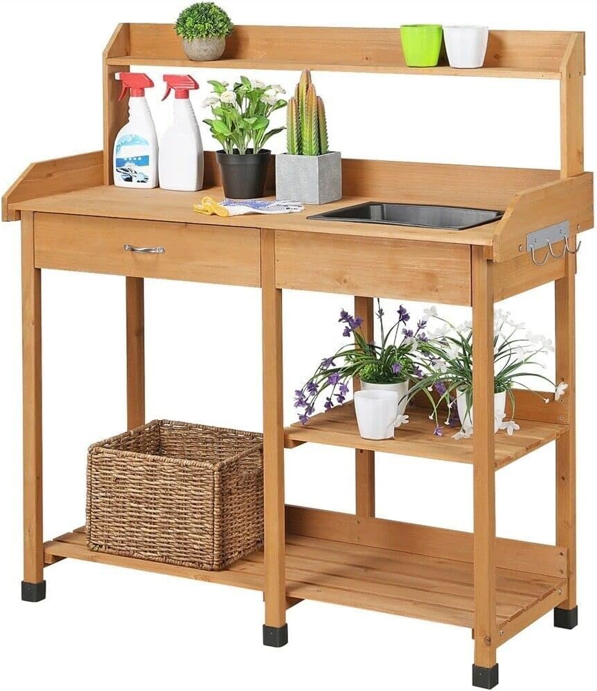 Potting Bench Table Patio Outdoor Garden Work Station Planting Shelf Sink Drawer Solid Wood Construction, Deck, Balcony anXella (Color : B)