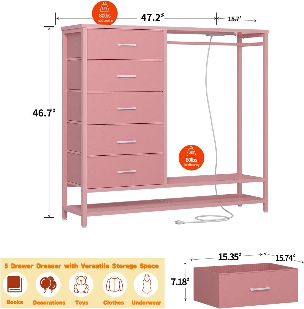 Dresser for Bedroom, Dresser with Hanging Rack Led Lights and Charging Station, Tall Dresser with 5 Fabric Chest of Drawers with PU Finish Storage Organizer, for Living Room Kids Room Closet, Pink