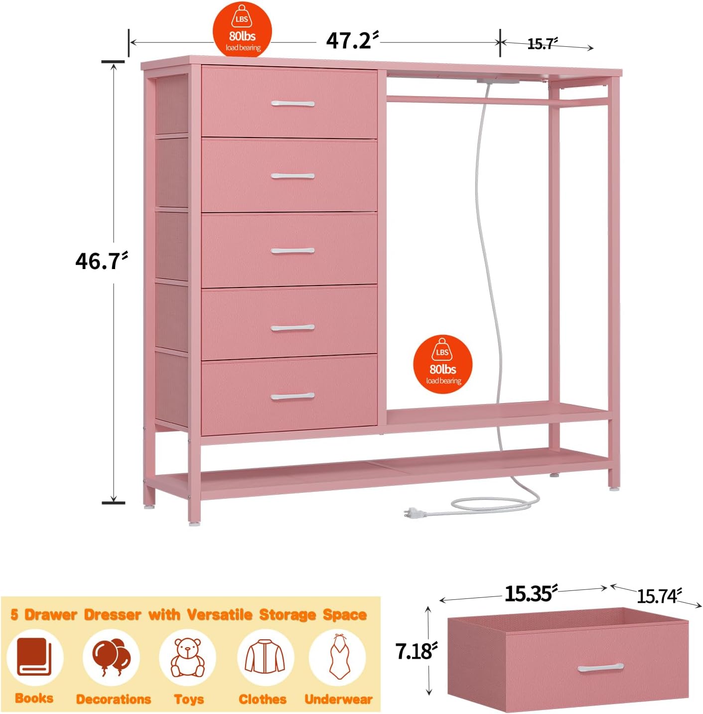 Dresser for Bedroom, Dresser with Hanging Rack Led Lights and Charging Station, Tall Dresser with 5 Fabric Chest of Drawers with PU Finish Storage Organizer, for Living Room Kids Room Closet, Pink