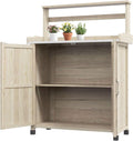 Garden Potting Bench Table with Storage Cabinet and Metal-Plated Tabletop, Top Shelves, Non-Slip Foot Mats, All-Weather Outdoor Potting Bench Work Station for Outside Lawn Patio