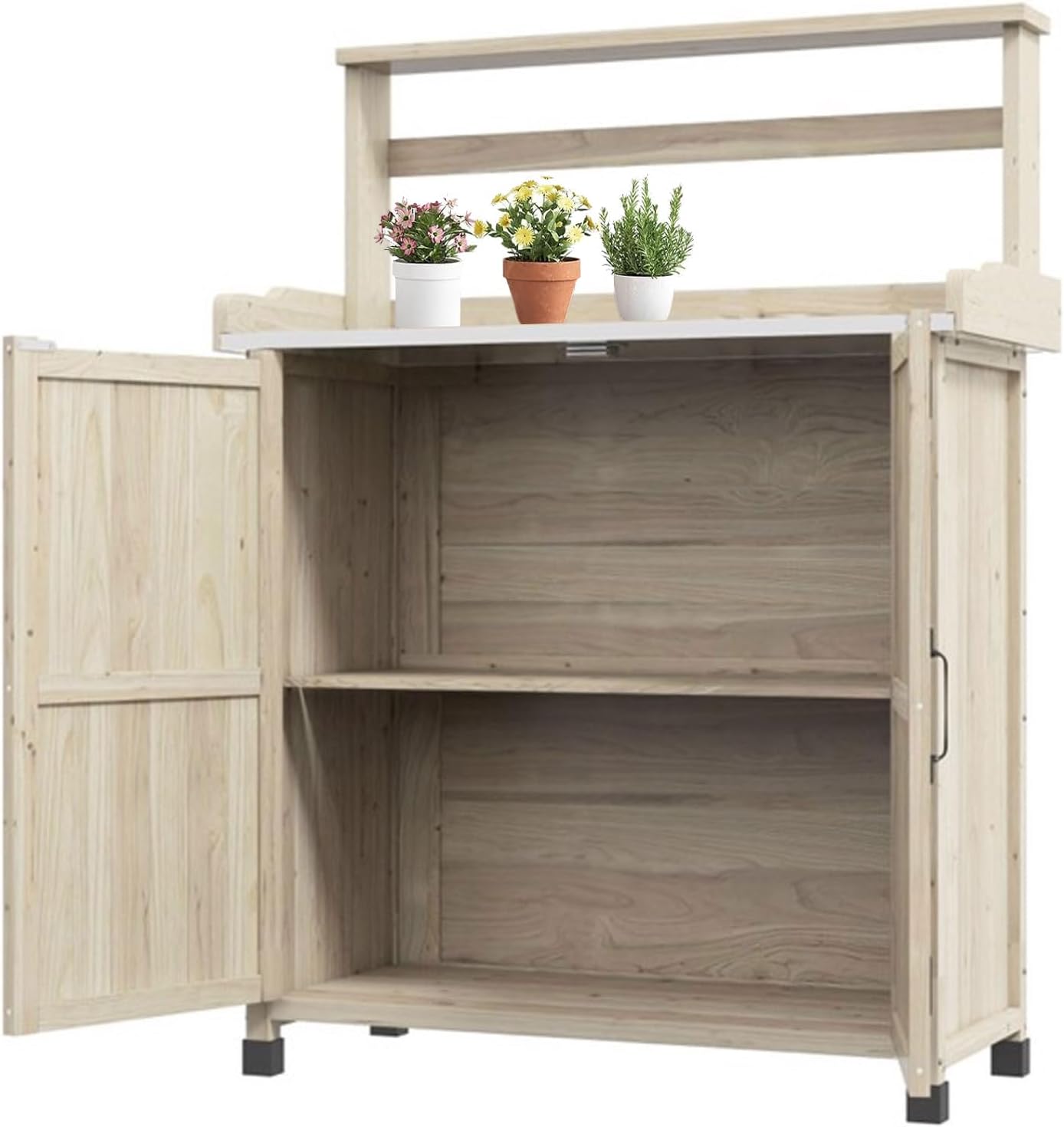 Outdoor Potting Bench with Storage Cabinet and Metal-Plated Tabletop, Top Shelves, Non-Slip Foot Mats, All-Weather Garden Potting Bench Table Work Station for Outside Lawn Patio