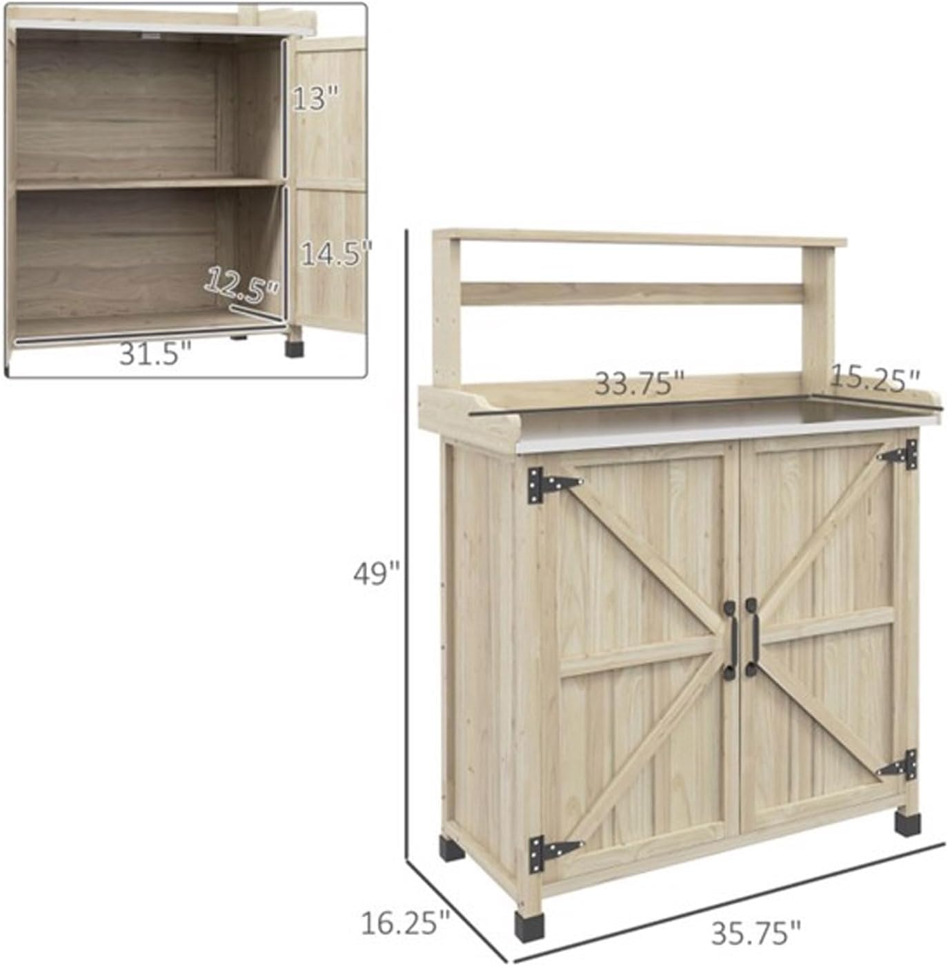 Garden Potting Bench Table with Storage Cabinet and Metal-Plated Tabletop, Top Shelves, Non-Slip Foot Mats, All-Weather Outdoor Potting Bench Work Station for Outside Lawn Patio