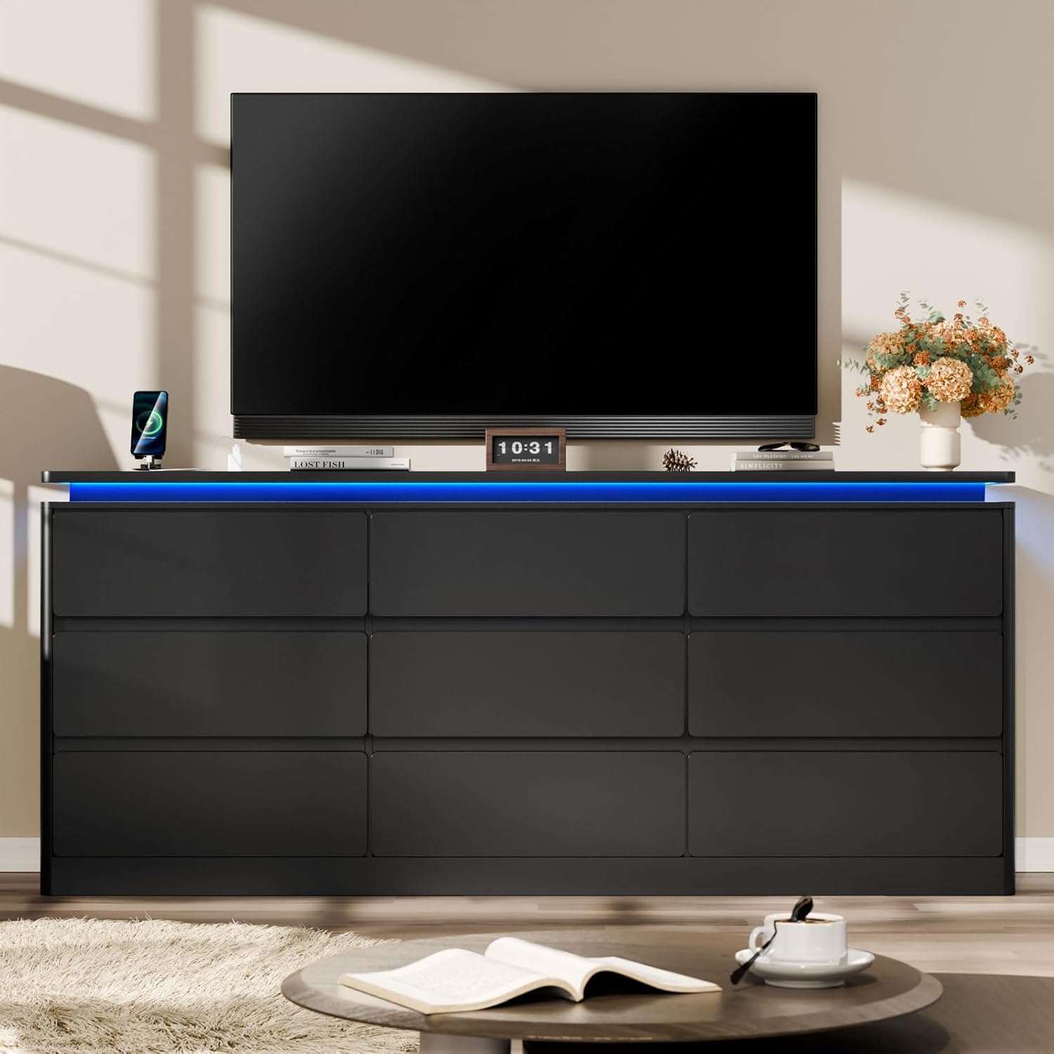 9 Drawer Dresser for Bedroom, 63' Long Black Chest of Drawers with Charging Station & LED Lights, Curved Anti-Collision Design,Wooden Closet Storage Cabinet,Modern Dresser TV Stand with Deep Drawers