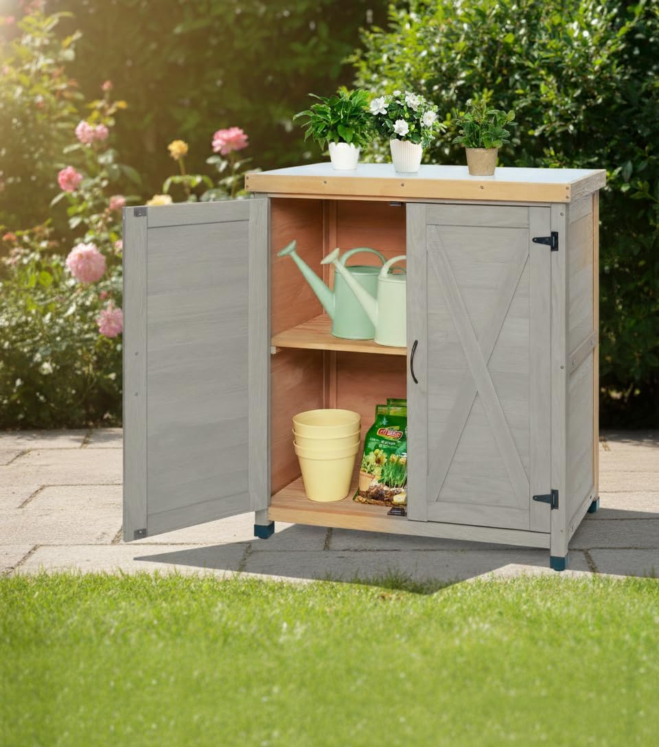 Potting Bench with Storage Cabinet & Metal Top, Solid Wood Hemlock Outdoor Work Station Table, X-Shape Sturdy Design, Magnetic Door, Gray/Light Brown, 31'x17'x36' (Gray)