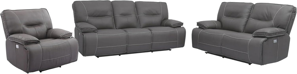 Pemberly Row Haze Power Reclining Sofa Set, Upholstered High-Performance Fabric, Wall-Hugger Design, USB Charger, Wide Armrests, Includes Sofa, Loveseat, Recliner, Living Room Furniture, 1080 lbs