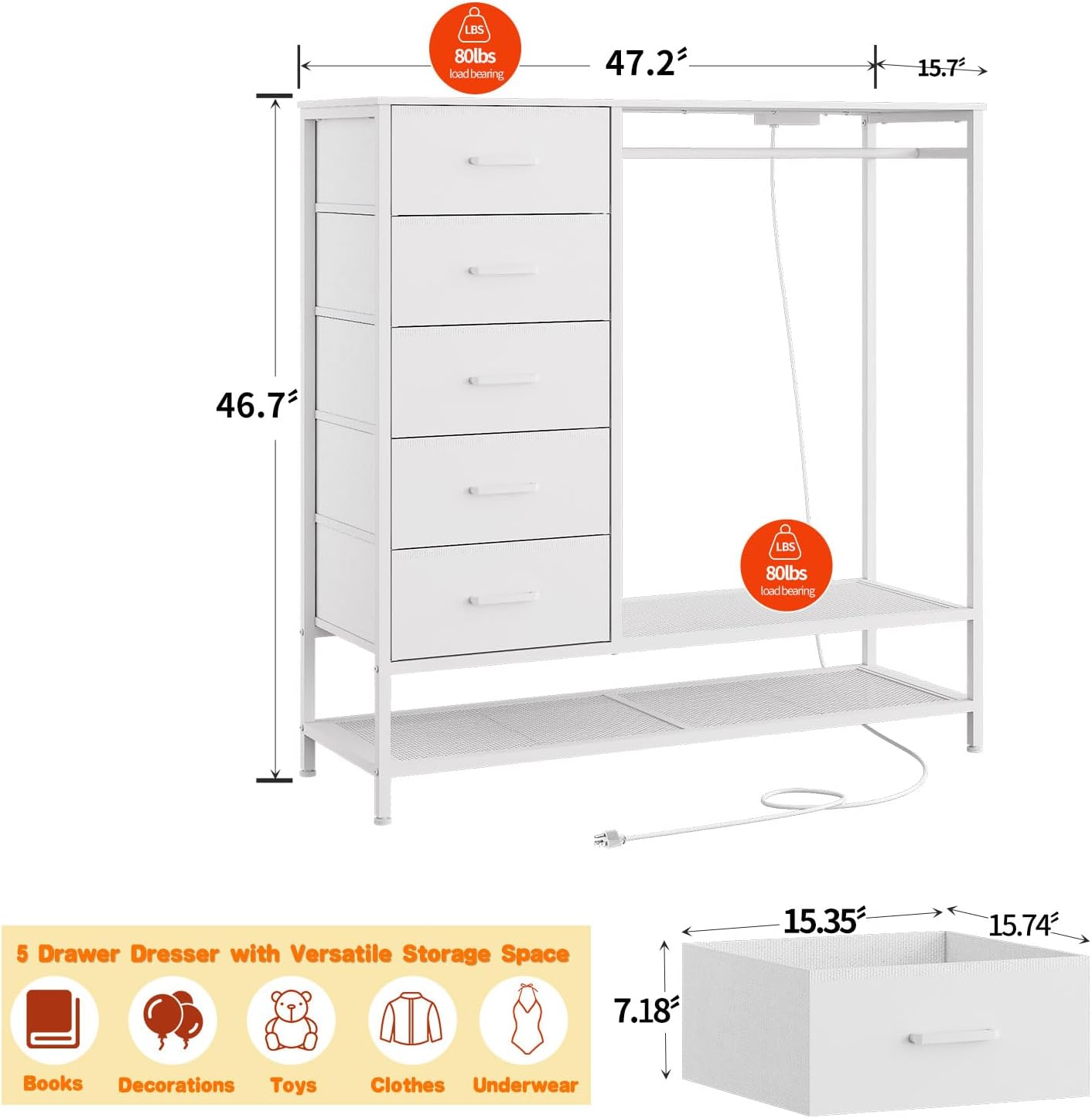 Dresser for Bedroom, Dresser with Hanging Rack Led Lights and Charging Station, White Bedroom Dresser with 5 Fabric Chest of Drawers with PU Finish Storage Organizer, for Living Room Hallway, White