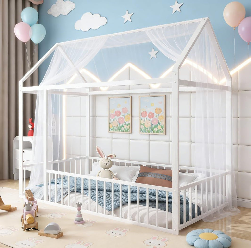 Bellemave Twin Size House Floor Montessori Bedframe with Rails and roof, Metal House Bed for Kids, Montessori Floor Beds for Kids, White