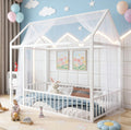 Bellemave Twin Size House Floor Montessori Bedframe with Rails and roof, Metal House Bed for Kids, Montessori Floor Beds for Kids, White