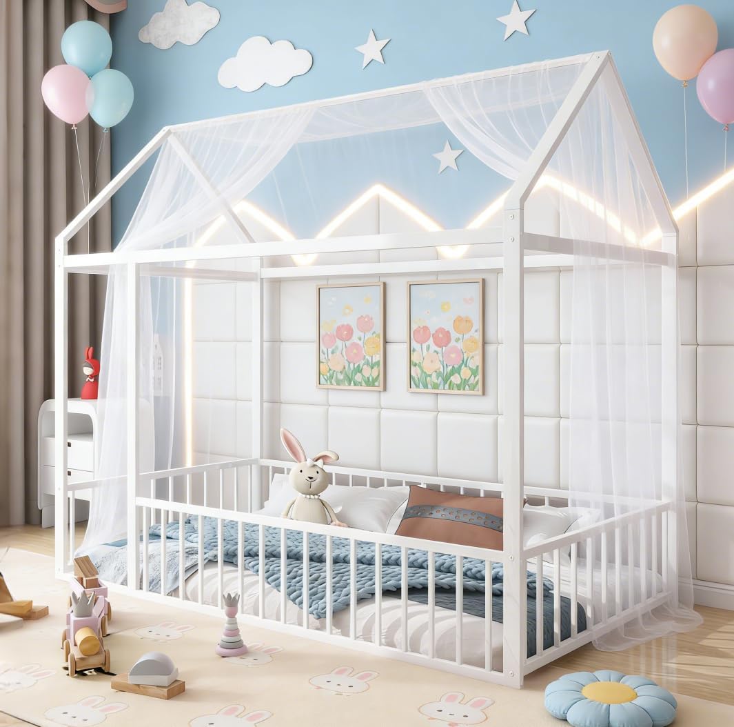 Bellemave Twin Size House Floor Montessori Bedframe with Rails and roof, Metal House Bed for Kids, Montessori Floor Beds for Kids, White