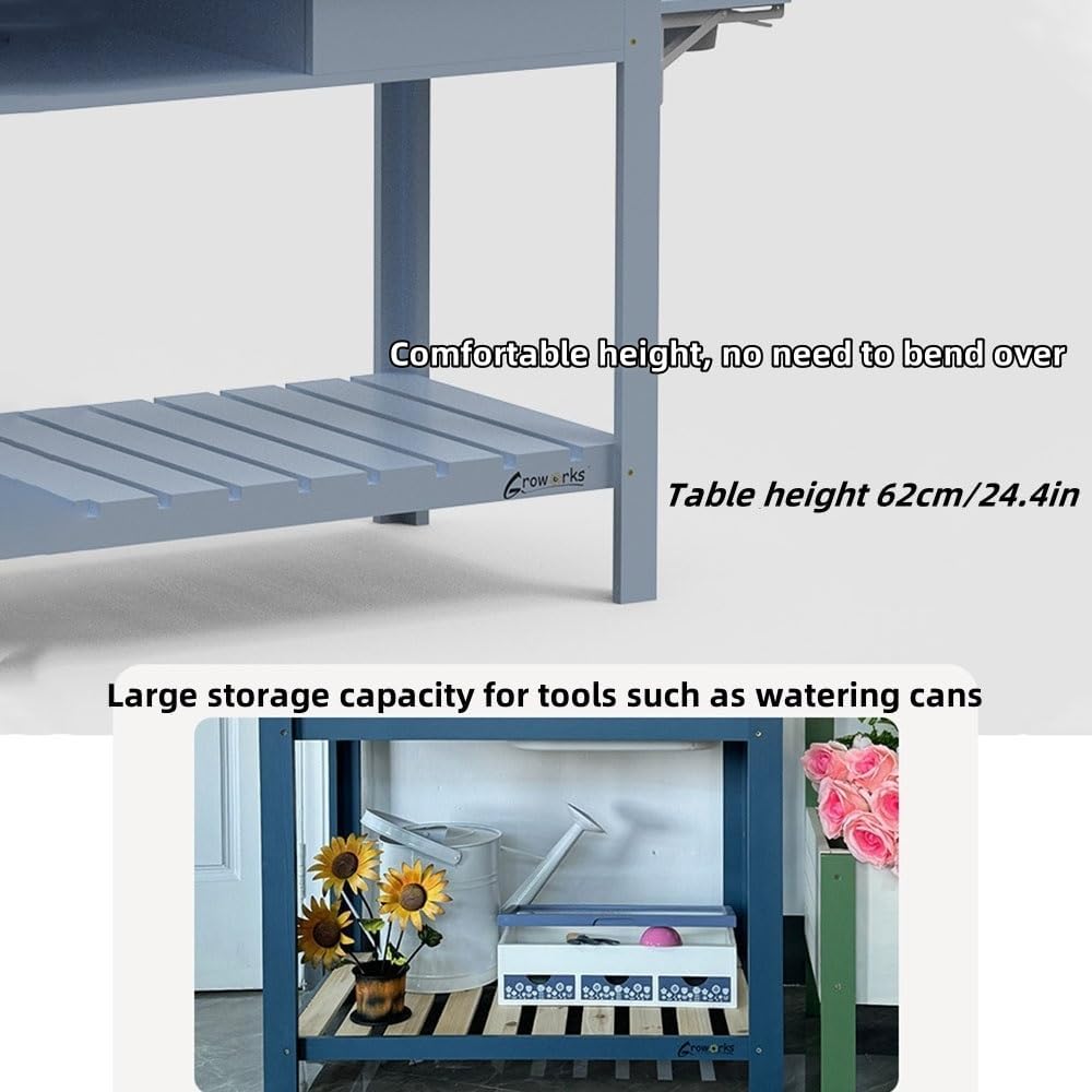 Outdoor Potting Bench with Blackboard and Sink, Multi-Functional Garden Workbench Table for Courtyard, Balcony or Patio, Planting Table with Storage Shelves and Tool Rack(Blue)