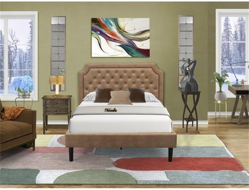 East West Furniture GB28F-1VL07 2-Pc Platform Bedroom set with Button Tufted Full Size Bed and 1 Distressed Jacobean Night Stands for Bedrooms - Brown faux Leather with Brown Texture and Black Legs