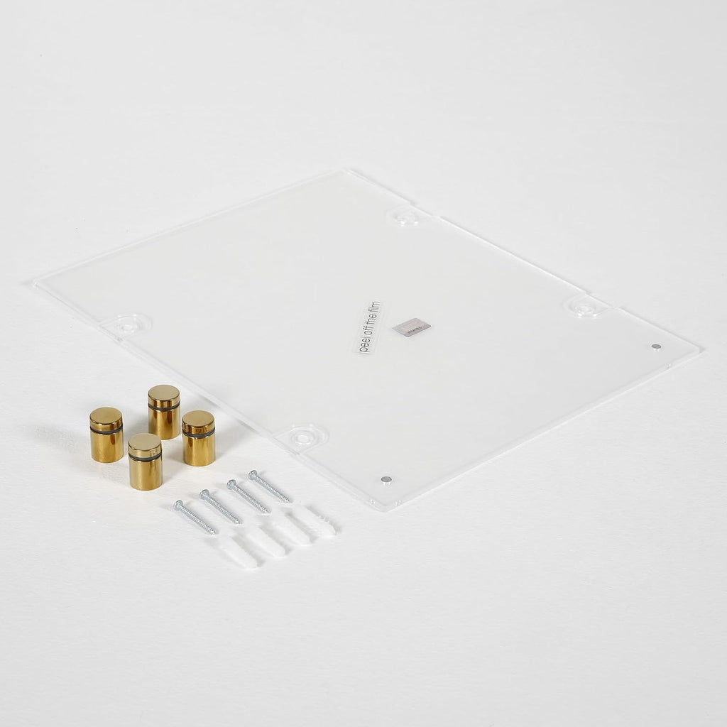 M&T Displays Wall Mounting 24x36 Inch Frameless Clear Acrylic Picture Sign Holder with Brushed Gold Standoff Hardware for Photo Certificate Diploma for Office Classroom Hospital Restaurant Cafe