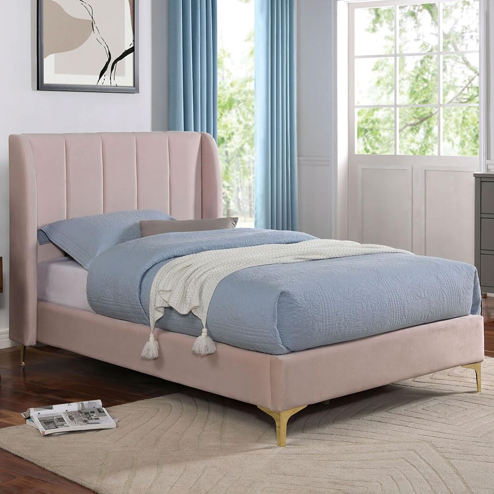 Furniture of America Navena Fabric Upholstered Twin-Size Platform Bed with Wingback Design and Channel Tufting, Gold Metal Legs, No Box Spring Required for Bedroom, Guest Room, Light Pink
