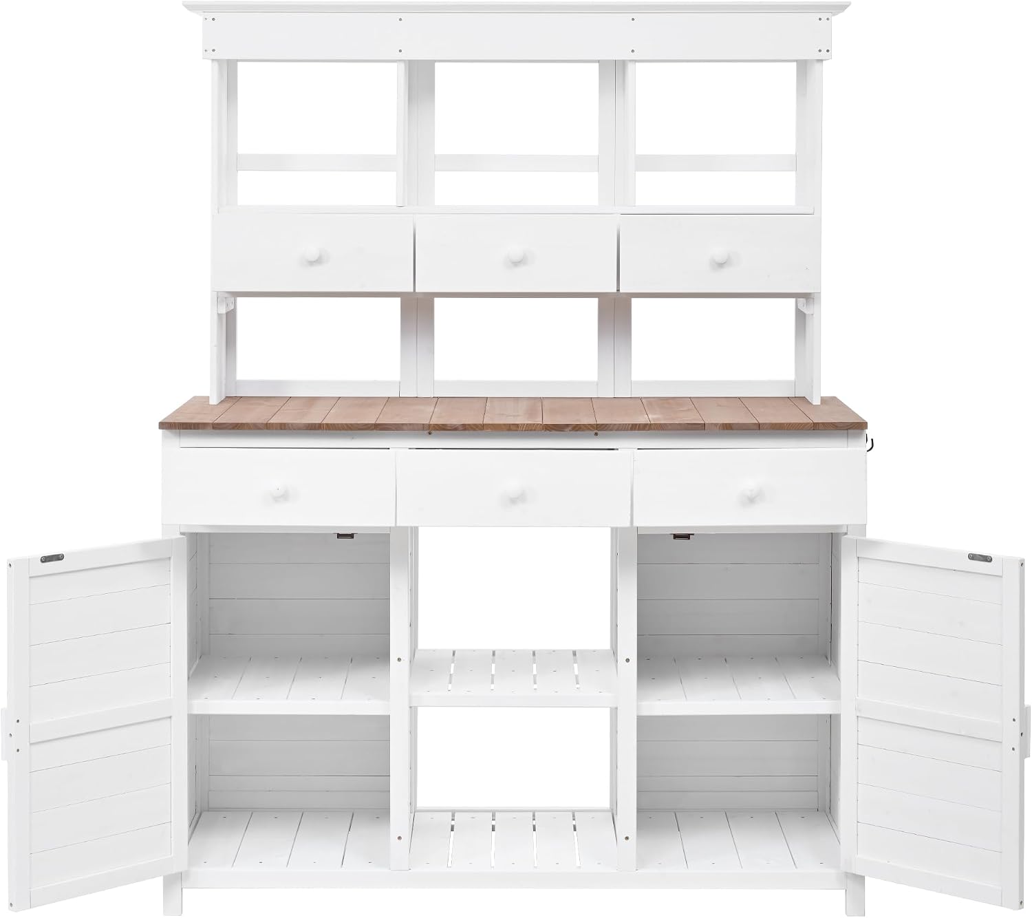 P PURLOVE Tall Garden Potting Bench Table with Hutch,Patio Storage Workstation with 3 Shelves,6 Drawers,2 Bottom Cabinets&Side Hooks for Mudroom,Doorway