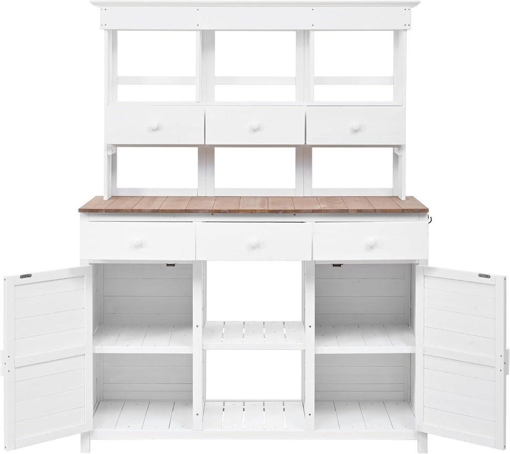 Outdoor Garden Workstation with Storage Shelves and Cabinets, Potting Bench Table with Hutch and Drawers & Side Hooks for for Garden, Patio, Greenhouse, White
