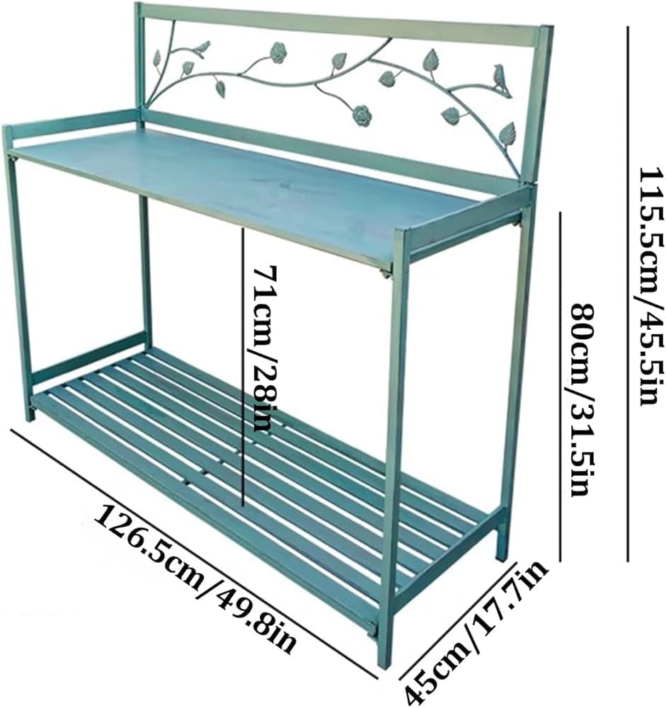 Outdoor Patio Metal Potting Table with 2- Tier Open Shelf, Potting Bench, Garden Work Station Table for Planting (Color:Green)