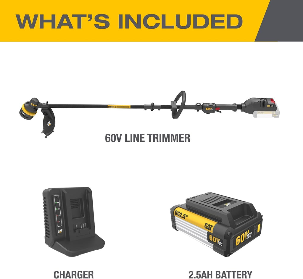 Cat DG610 60V 15' Brushless String Trimmer Cordless with Dual Line Bump Feed Head, Edger with Quick Line Load, Weed Trimmer with ECO Mode for Extended Runtime – Battery & Charger Included