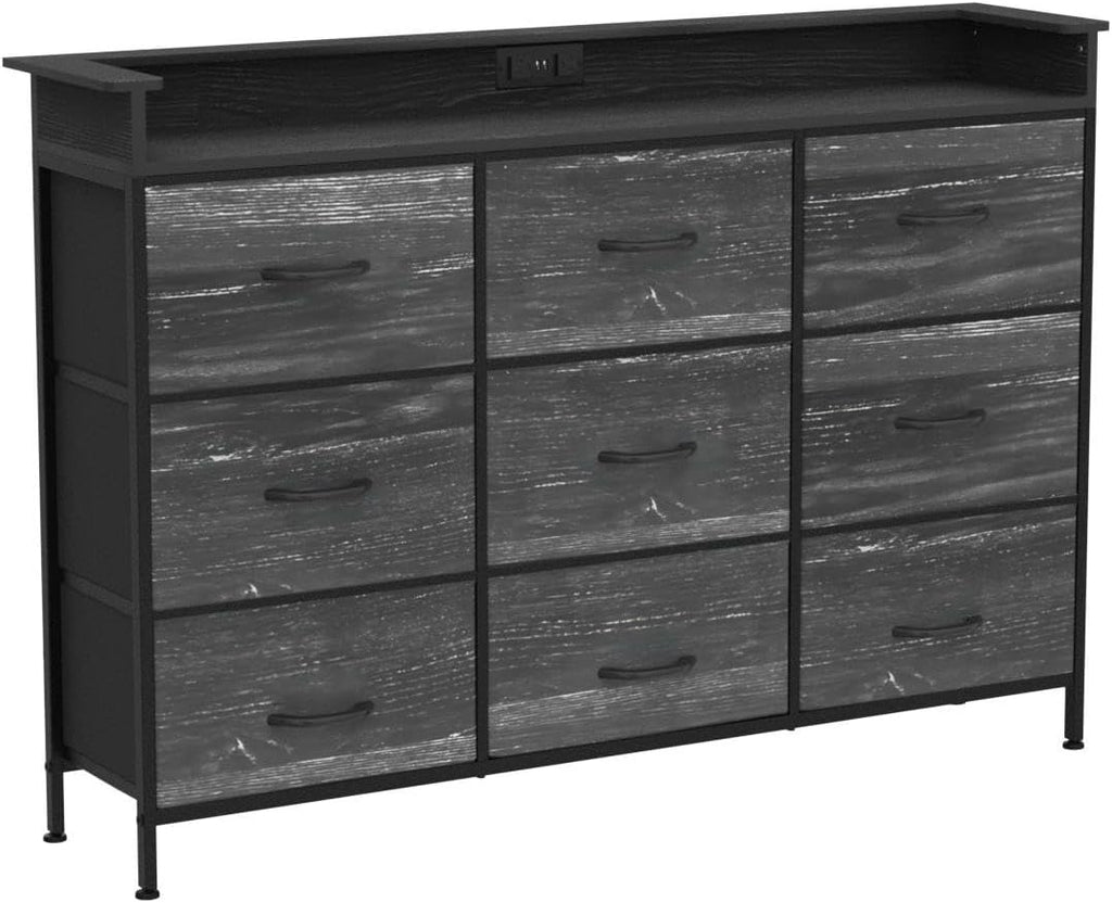 EXOTICA Black Dresser with Charging Station 9 Drawers Dresser with LED Light and USB Ports Fabric Dressers for Bedroom Hallway Entryway Closets Sturdy Steel Frame Wood Top