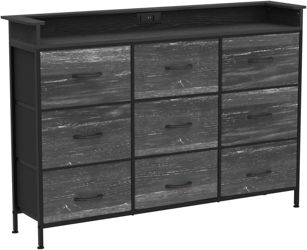 EXOTICA Black Dresser with Charging Station 9 Drawers Dresser with LED Light and USB Ports Fabric Dressers for Bedroom Hallway Entryway Closets Sturdy Steel Frame Wood Top