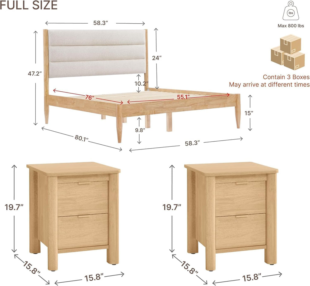 A Complete Set of Full-Size Furniture, Featuring A Wooden Bed Frame with Two Bedside Tables, Suitable for A Bedroom.(Oat)