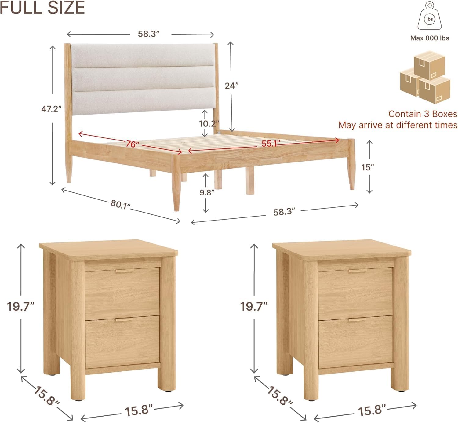 A Complete Set of Full-Size Furniture, Featuring A Wooden Bed Frame with Two Bedside Tables, Suitable for A Bedroom.(Oat)