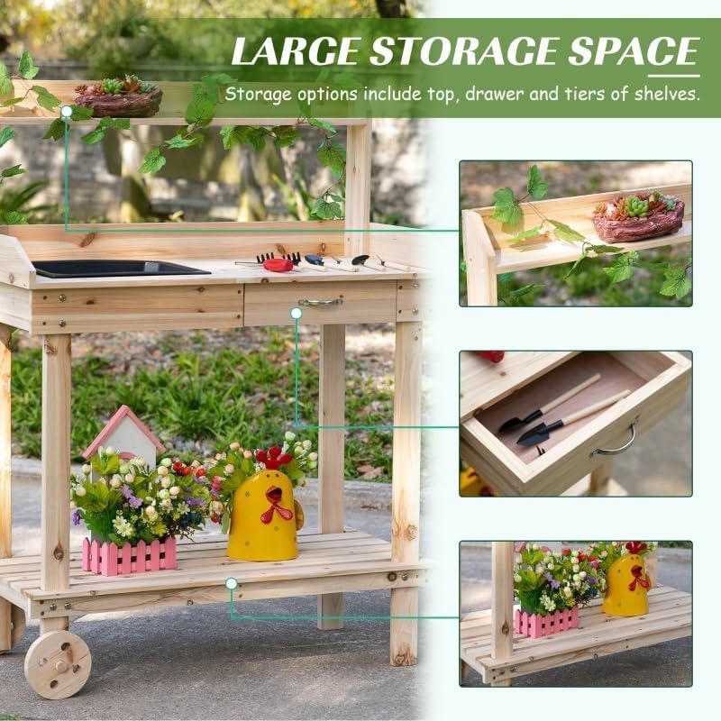 36'' Wooden Potting Bench Work Table with Removable Wheels, Sink, Drawer & Large Storage Spaces,for Outdoor Backyard
