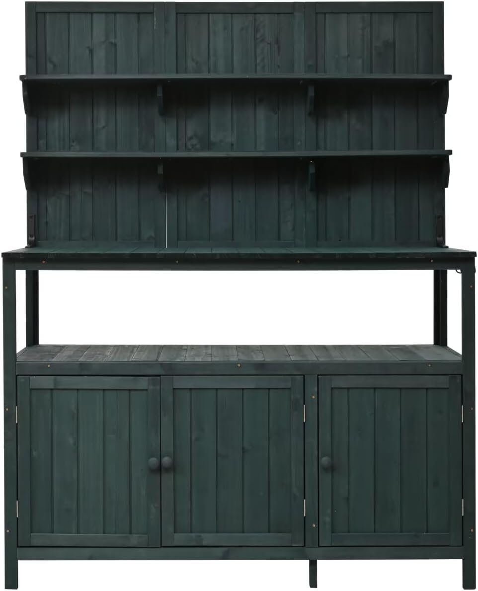 JIJIWANG Potting Bench with Hutch, 50.2' Solid Fir Wood Garden Workstation, Large Countertop, 2 Shelves, 2 Cabinets, 3 Side Hooks, Outdoor Planting Table for Gardening, Forest Green