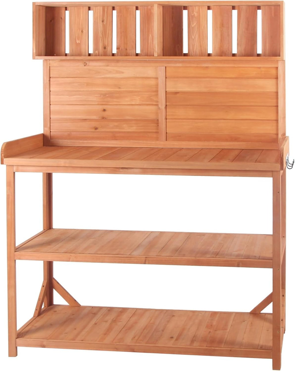 65' Large Wooden Farmhouse Rustic Outdoor Potting Bench Table, Patio Workstation, Garden Potting Bench with 4 Storage Shelves and Side Hook,Natural