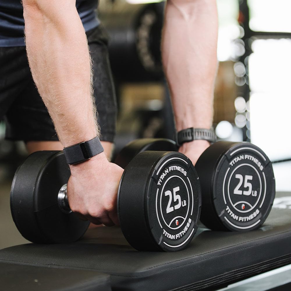 Titan Fitness Round Urethane Dumbbells, Medium Volcano Knurling, 33mm Grip, Easy-to-Read Weight Indicators, Free Weights for Strength Training