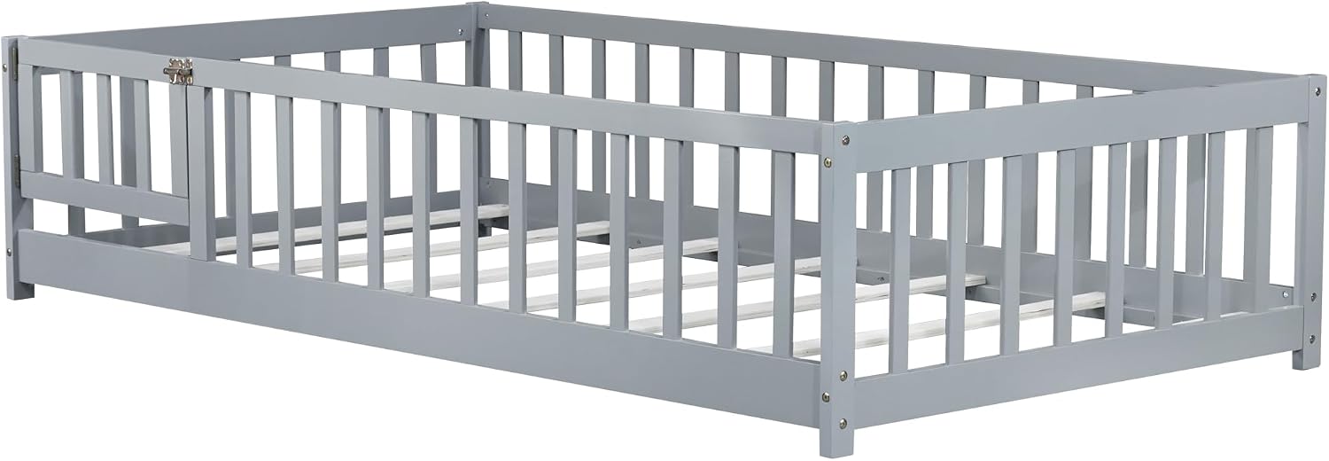 Bellemave Twin Size Floor Bed with Door and Fence for Kids, Montessori Floor Bed with Slats and Safety Guardrails,Solid Wood Twin Bed Frame for Girls Boys(Twin,Gray)