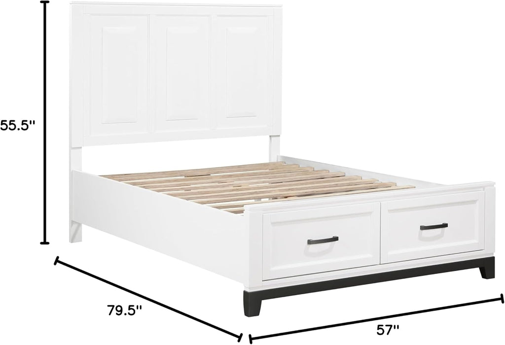 5 Pieces Full Size Bedroom Set White Finish Platform Bed with Storage Footboard Wooden Furniture