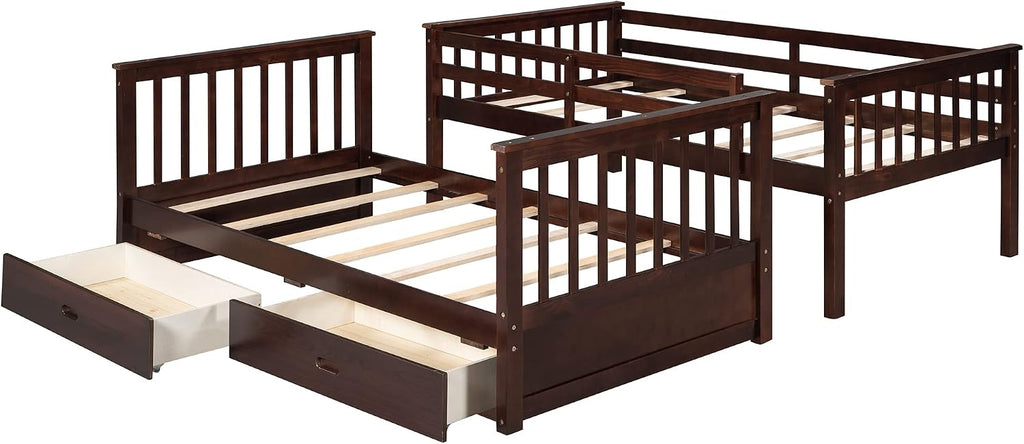 Merax Twin-Over-Twin Bunk Bed with Two Storage Drawers, Solid Wood Twin Size Bunk Bed with Guardrial and Removble Ladder, Can be Converted Into 2 Separate Beds, Espresso