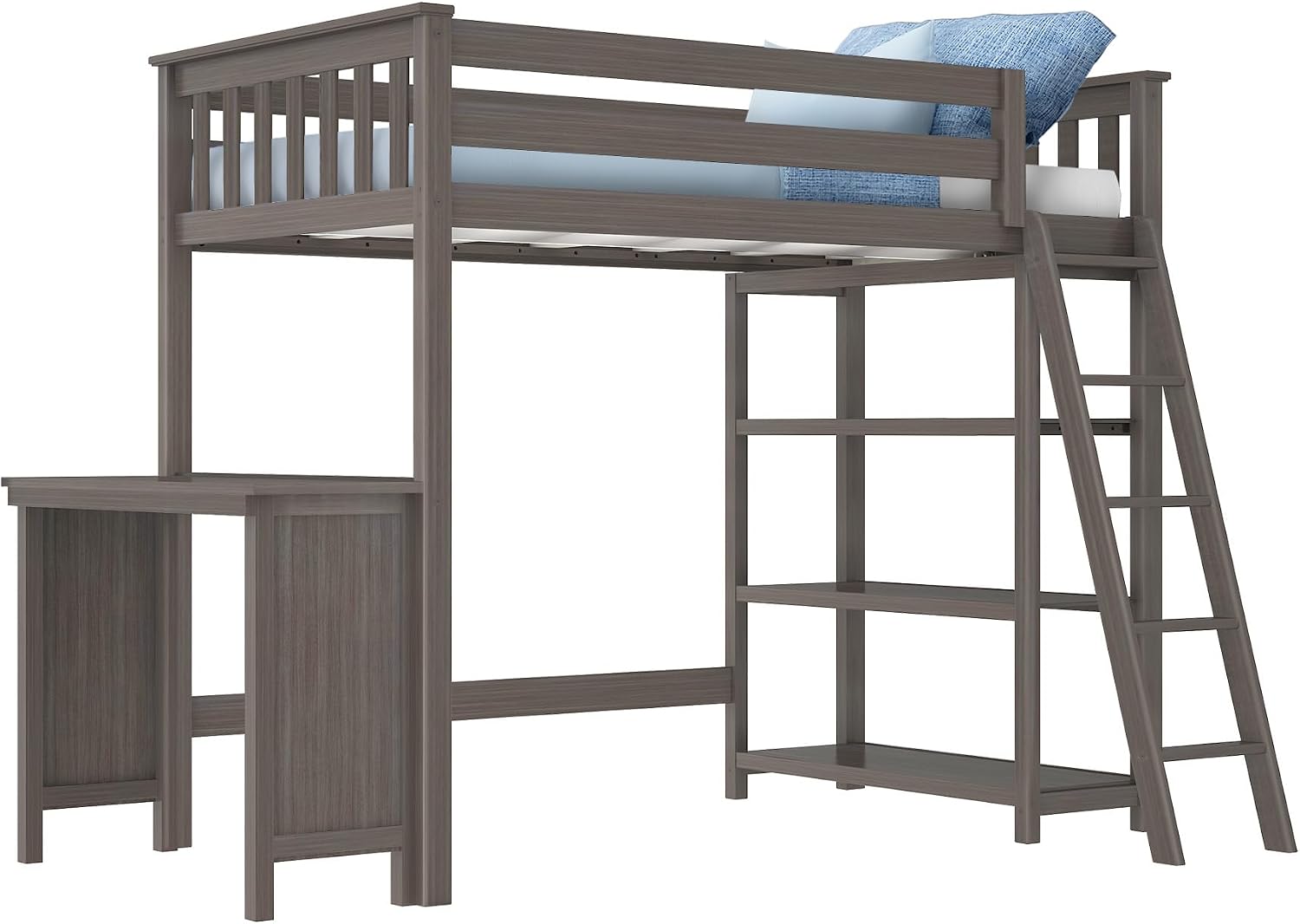 Max & Lily High Loft Bed, Twin Bed Frame for Kids With Bookcase and Desk, Clay